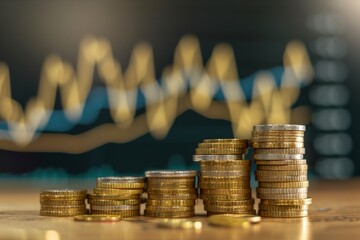 Poster - A stack of gold coins with a growth chart in the background, investment growth concept