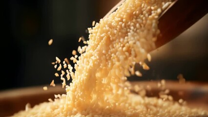 Wall Mural - A spoonful of white rice is poured into a bowl