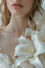 Wall Mural - A young bride in a wedding dress decorated with delicate lily flowers