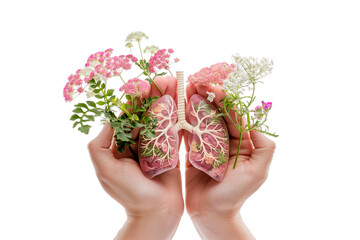 A woman's hand holding a lung organ with flowers isolated on a transparent background. Lung cancer awareness, World Pneumonia Day, Asthma, COPD, Hypertension