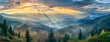 A panoramic view of the mountains, with rays of sunlight breaking through clouds and illuminating green forests on their slopes