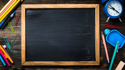 Wall Mural - A blank blackboard framed with colorful school supplies, such as pencils and pens, on an old wooden desk background. Copy space area. Teachers day. Back to school. Student day