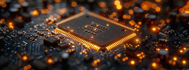 Poster - A macro, detailed shot of a computer chip modified to mine Bitcoin, with intricate details and lighting emphasizing its complexity.