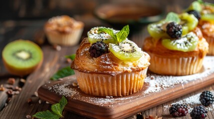 Wall Mural - Two muffins with fruit atop on a cutting board