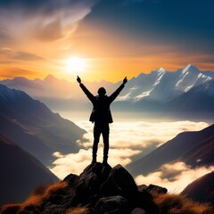 Wall Mural - successful man in top of mountain. success concept