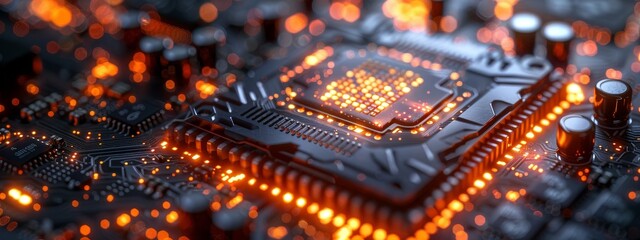 Poster - A macro, detailed shot of a computer chip modified to mine Bitcoin, with intricate details and lighting emphasizing its complexity.