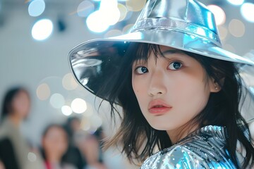 Sticker - Asian model shines in metallic silver at high fashion week runway. Concept Fashion, Asian model, Metallic silver, High fashion week, Runway,