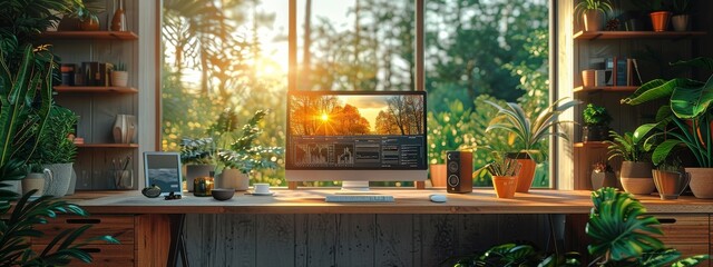Poster - a serene, high-resolution image of a modern home office with a minimalist desk, a computer displayin