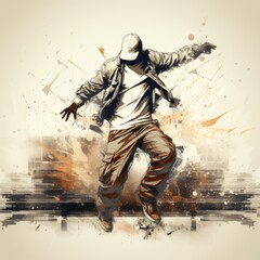 Poster - energetic and dynamic illustration of a man performing an element of breakdancing and parkour with movements and flashes of light. Concept: youth cultural events, sports equipment. Grunge style