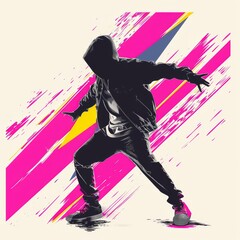 Poster - energetic and dynamic illustration of a man performing an element of breakdancing and parkour with movements and flashes of light. Concept: youth cultural events, sports equipment. Grunge style