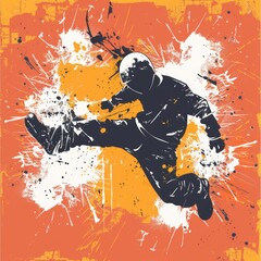 Poster - energetic and dynamic illustration of a man performing an element of breakdancing and parkour with movements and flashes of light. Concept: youth cultural events, sports equipment. Grunge style