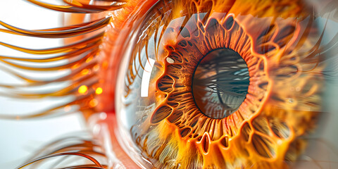 A detailed view of a brown human eye featuring a dilated pupil and long eyelashes Closeup 3D X ray view of human eye structure, revealing a vivid orange iris, Cross-section view of a human eye 
