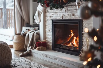 Wall Mural - Cozy Christmas fireplace scene against a soft transparent white surface, evoking holiday warmth