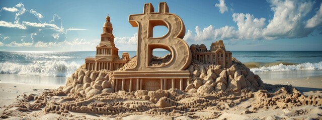 A sunny beach scene where sand sculptures depict the Bitcoin logo, with a halving timer in the background.