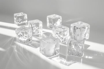 Poster - Crystal-clear ice cubes on a soft transparent white backdrop, perfect for cool and refreshing concepts
