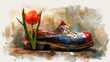 Colorful traditional Dutch clogs decorated with tulips on grey background