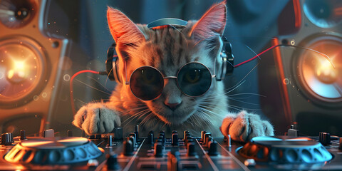  Cute cat wearing like dj Headphones , sunglasses , Dj Cat on Saturday night disco style and glowing spiker in the background ,A dj cat playing dj machine for disco background 
 