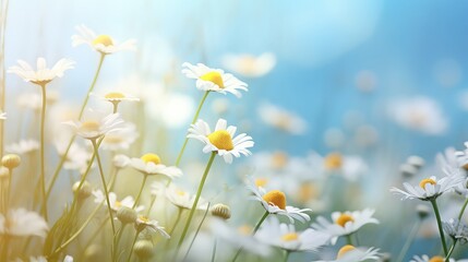 Wall Mural - Morning Haze in Nature: Close Up of Beautiful Wildflowers Chamomile, Pastel Wild Peas, and Butterflies. Wide Landscape, Copy Space, Delightful Artistic Image in Cool Blue Tones.