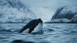 the grace of the orca as it moves through the icy waters, set against the backdrop of the snowy, mountainous landscape. Generative AI