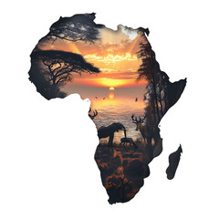 africa continent map silhouette with african savannah landscape on transparent background. travel an