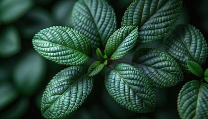 Poster - Closeup green leaves of tropical plant in garden. Dense dark green leaf with beauty pattern texture background.