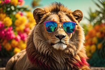 Wall Mural - funny and colorful beautiful lion with sunglasses