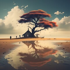 Canvas Print - a lonely tree stands in the middle of beautiful landscape. 3d rendering illustration