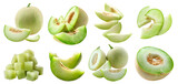 Honeydew muskmelon melon fruit, many angles and view side top front cluster stalk group cut isolated on transparent background cutout, PNG file. Mockup template for artwork graphic design	
