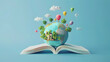An earth globe with a forest, city, and flying balloons on an open book isolated on a blue background in the style of 3d rendering. Teachers day. Back to school. Student day