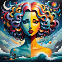 Sticker - beautiful woman with colorful hair and sea on background.