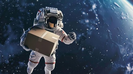 astronaut delivering cardboard box in outer space creative delivery service concept