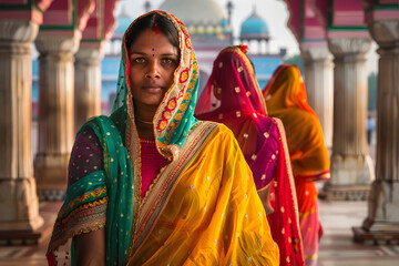 Wall Mural - Indian women in colorful sari and temple