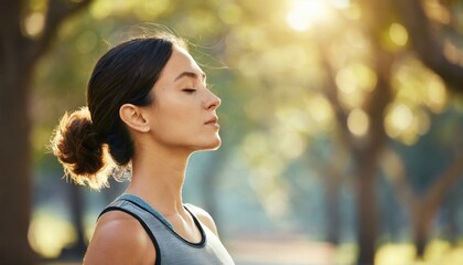 Wall Mural - Fitness, woman and yoga breathing in relax for spiritual wellness, mental wellbeing or calm exercise in nature. Female relaxing, exercising and training in warm up breath activity for healthy workout 