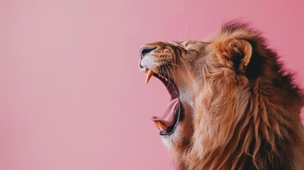 Wall Mural - closeup view of lions open mouth against pink background powerful wildlife portrait 4k wallpaper