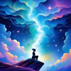 Poster - magic sky with clouds and stars, vector art.