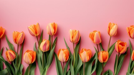 Sticker - Orange tulips close up on pink backdrop