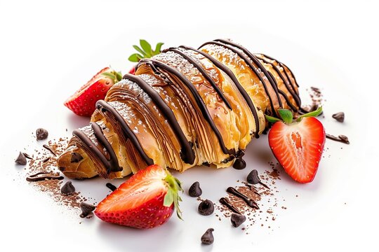 Appetizing crunchy croissant decorated with chocolate and strawberries on white background.
