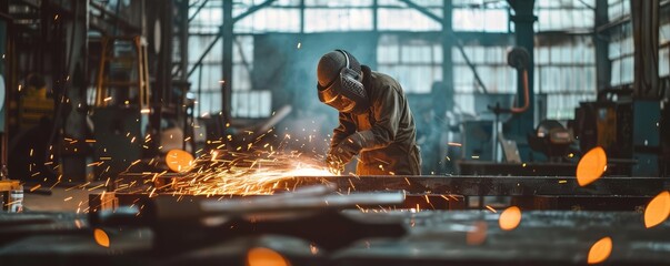 A worker working in metal work  on steel structure in factory.