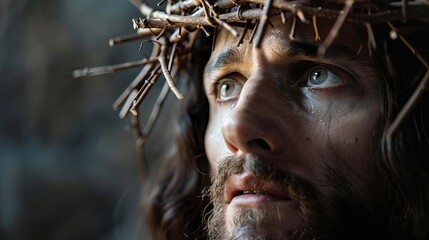 Wall Mural - jesus christ with crown of thorns closeup portrait religious concept art