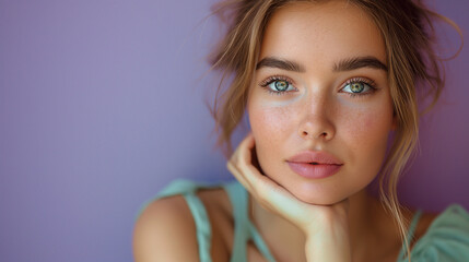 Wall Mural - Photo portrait of attractive young woman touch chin thoughtful dressed stylish green clothes isolated