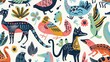 Whimsical and Vibrant Egyptian Animal Wallpaper with Playful Cats Ibises and Crocodiles in Charming and Lighthearted Compositions