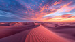 The sunset photography captures a stunning desert landscape with sand dunes and fiery sky colors, showcasing the vastness and solitude of the arid expanse.