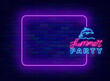 Summer party neon announcement. Holiday promotion. Empty purple frame and typography with dolphin. Event celebration. Copy space. Editable stroke. Vector stock illustration