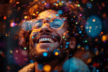 Poster - Man in festive celebration mood with vibrant colorful confetti flying around, epitomizing excitement and joy