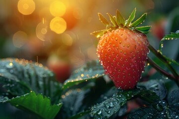 A close-up of a ripe strawberry with water droplets glistening in the warm sunlight among leaves