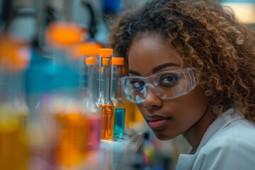 Poster - A female scientist confidently peers through clear safety goggles, surrounded by colorful test tubes in a lab