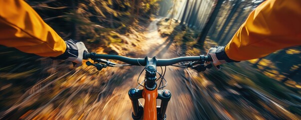 Wall Mural - A fast downhill on the bicycle in the mountain valley from bikers view.