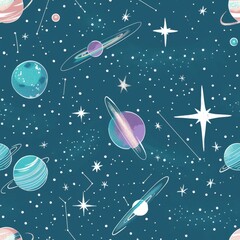 Wall Mural - Whimsical Space Pattern with Planets and Stars on Teal Background