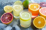 Fototapeta  - Assorted homemade citrus liquors, lemon, meyer lemon, blood orange and lime.