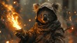   A person in a bear costume holds a lit candle in one hand and a fake fire prop in the other hand